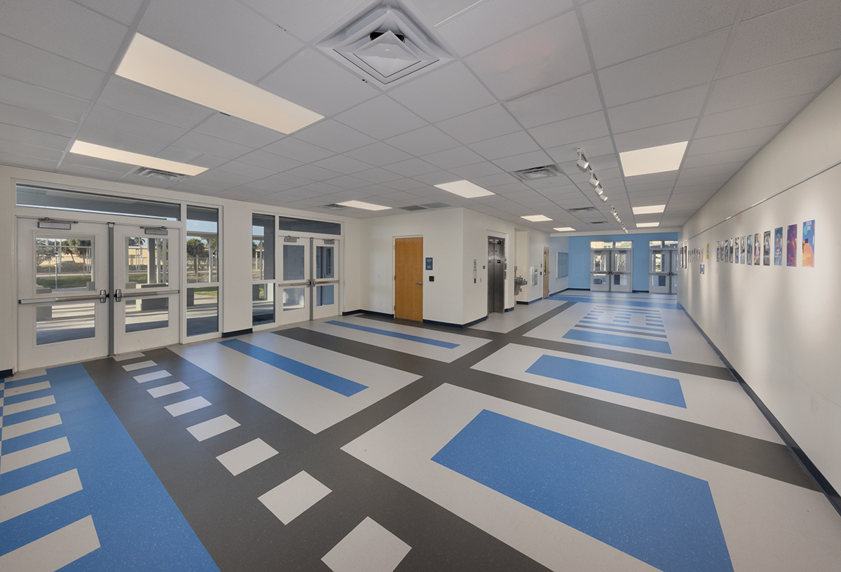 Interior design lobby view of the Plumosa School of the Arts in Delray Beach. FL. 